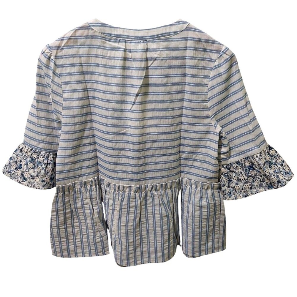 NWT Voy Womens Blue Floral & Stripe Embroidered V-Neck Blouse~Boho~SMALL - Picture 2 of 7